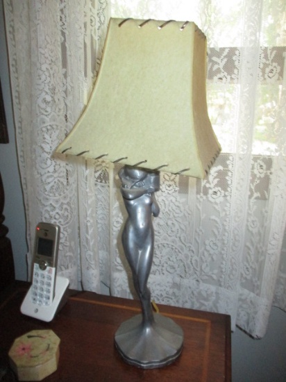 Spelter Nude Female Figural Art Deco Lamp and Shade 9 1/2"