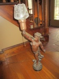 Spelter Bronze Colored Cherub Lamp with Iridized Floral Shade 28 1/2