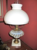 Opalescent Swirl Lamp with Marble Base and White Shade