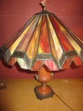 Ceramic Lamp with Metal Base and Ridge Glass Shade, Some Glass Cracking but Overall Good Condition