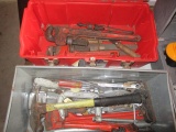 Pipe Wrenches, Hammer and Other Tools with 2 Toolboxes with Metal Toolbox and Wood Tool Carrier