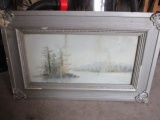 Lake Watercolor Signed M. DeGraffe (stain  top to bottom through island) - Frame size 17