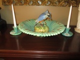 Weller Bowl, Flower Frog with Bird and Candle Holders