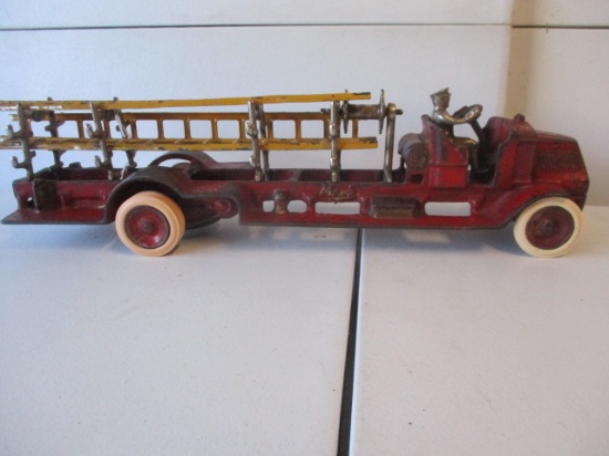 Cast Iron Mack Fire Truck - 3 Ladders - Some Restoration - Tires Appear to be Replaced 18"