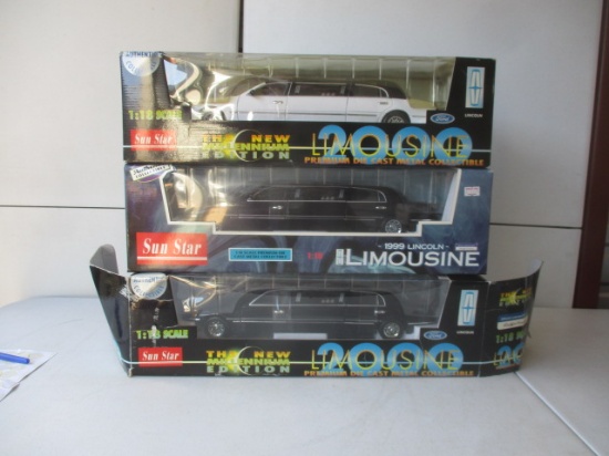 Sun Star 1:18 Scale - 3 Limousines; 1999 Lincoln, 2000 Millenium Edition White & Black.