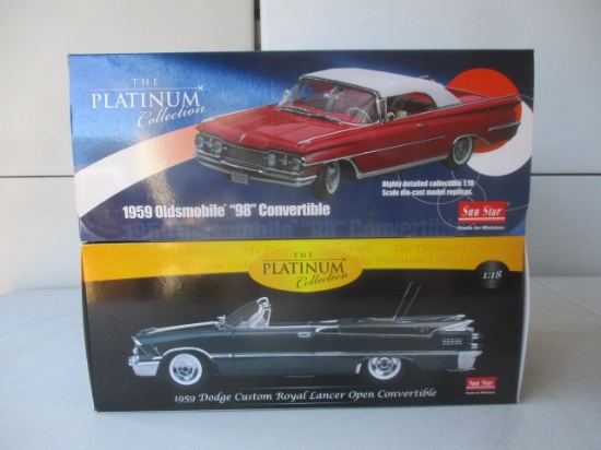 2 - 1:18 Die Cast Autos; 1959 Oldsmobile "98" Convertible By Sun Star Black/Aqua Mist Metallic and