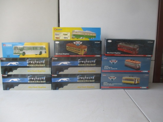 10 Corgi Transportation Passenger Buses, Vehicles - 5 Trolley Cars - 1:48 Scale, 4 Greyhound