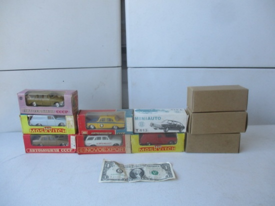 10 Russian 1:43 Scale Diecast Cars - Moskovitz, Fiat Lada, 1 Plastic TATRA T613, Etc.
