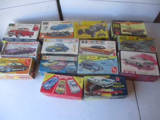 14 As found Kits and Empty Boxes. Many of the built cars are customized. Lots of useable parts kits