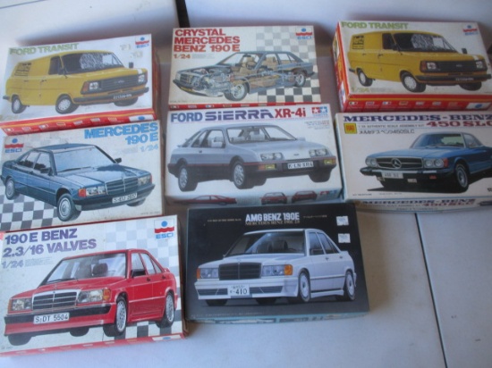 8 - 1/24 Scale European Cars and Van Model Kits. All are Unbuilt. 2 are Factory Sealed