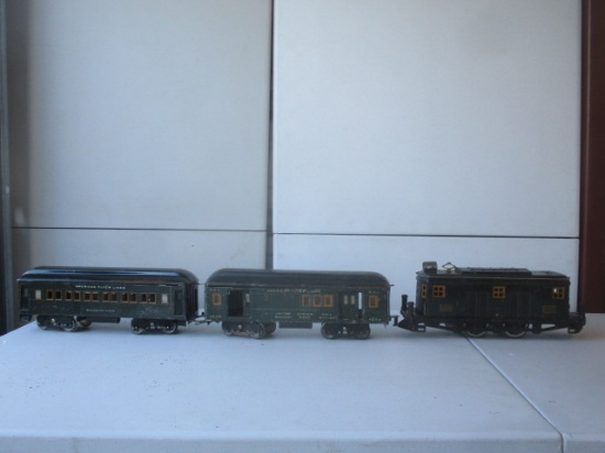 American Flyer Tin Vintage Engine, Post Office Car and Passenger Car. 14 1/2".