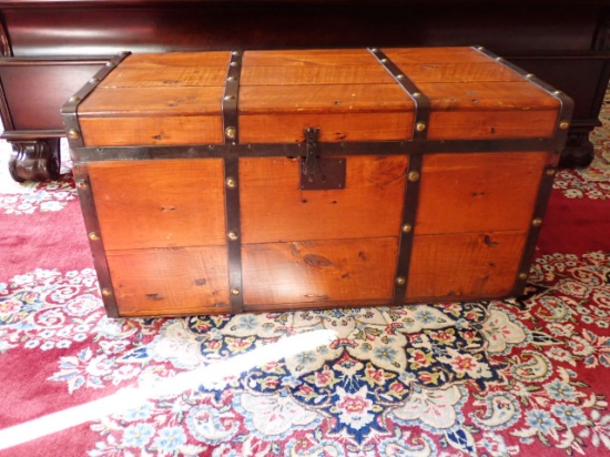 Antique Steamer Trunk. "Gold Rush Trunk". Leather straps w/ brass studs that symbolize gold nuggets