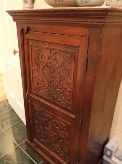 Vintage Indian Carved Cabinet. Brass Handle - Stain on Top Surface