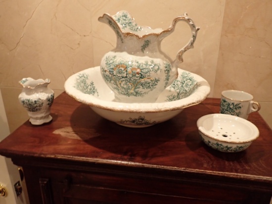 English Pitcher and Bowl Set. Dudson Wilcox & Till Semi-Porcelain Teal. Circa 1902 and 1926.
