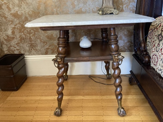 English Oak and Marble Barley Twist Table. Marble top. Claw & Ball feet