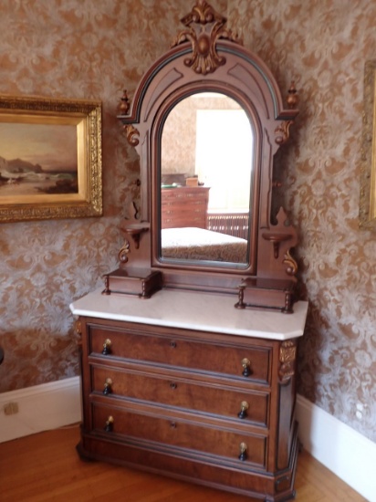 Antique Victorian Marble Top Dresser with Mirror, three drawers.