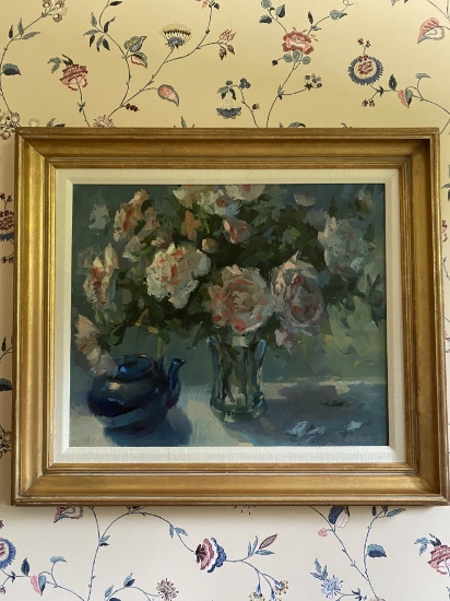Robert E. Moore " Rose Floral with Pot Oil on Canvas