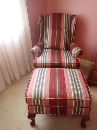 Wingback Chair Striped with Ottoman and Pillow