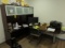 MAHOGANY PENINSULA STYLE DESK WITH OVERHEAD STORAGE UNIT AND WARDROBE CABINET