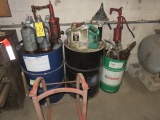 ASSORTED OILS, LUBE GUNS, BARREL DOLLIES AND PUMPS