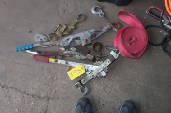 (3) LIGHT DUTY RATCHET PULLERS AND (2) NYLON SLINGS