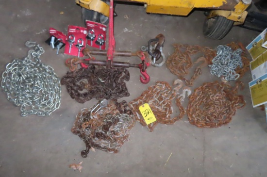 (4) TIE DOWN CHAIN SETS, ASST. CHAIN, (2) RATCHET BINDERS, AND HUSKY ANCHOR POINTS