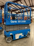 GENIE GS1930 SCISSOR LIFT, SELF PROPELLED, 19' PLATFORM HEIGHT, BUILT IN BATTERY CHARGER, SLIDE OUT