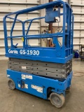 GENIE GS1930 SCISSOR LIFT, SELF PROPELLED, 19' PLATFORM HEIGHT, BUILT IN BATTERY CHARGER, SLIDE OUT