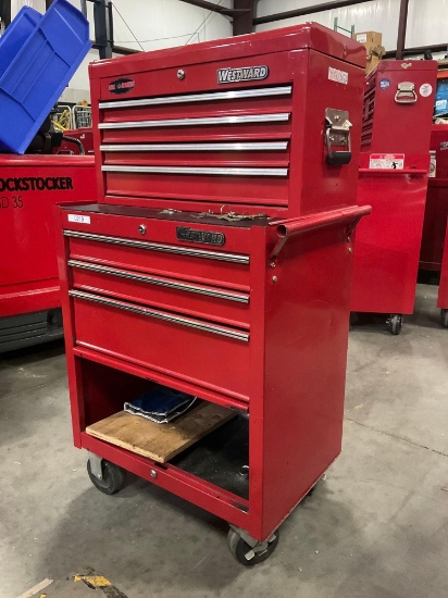 WESTWARD INDUSTRIAL PARTS CABINET / TOOL BOX ON WHEELS WITH CONTENTS , APPROX 30€ W x 18€ L x 4...