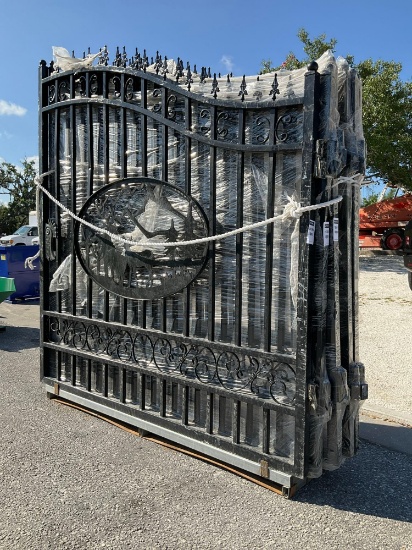 SET OF UNUSED GREAT BEAR 14FT BI PARTING WROUGHT IRON GATES, 7FT EACH PIECE (14' TOTAL WIDTH). 2 ...