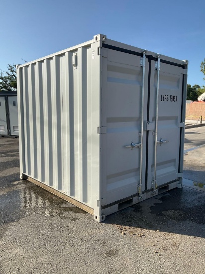 8FT OFFICE / STORAGE CONTAINER, FORK POCKETS WITH SIDE DOOR ENTRANCE & SIDE WINDOW, APPROX 86'' T