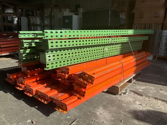 ( 5 ) UPRIGHTS & ( 36 ) ASSORTED SIZES CROSSBEAMS FOR PALLET RACKING, TEARDROP, CROSSBEAMS APPROX