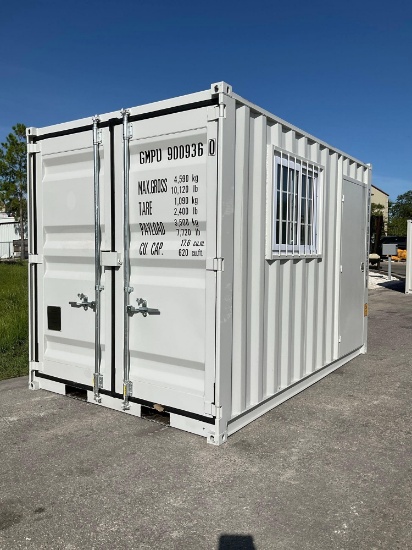 12FT OFFICE / STORAGE CONTAINER, FORK POCKETS WITH SIDE DOOR ENTRANCE & SIDE WINDOW , APPROX 99'' T