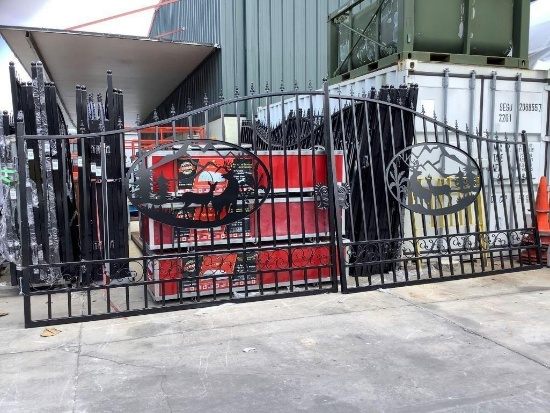 SET OF UNUSED GREAT BEAR 14FT BI PARTING WROUGHT IRON GATES, 7FT EACH PIECE (14' TOTAL WIDTH). 2 ...