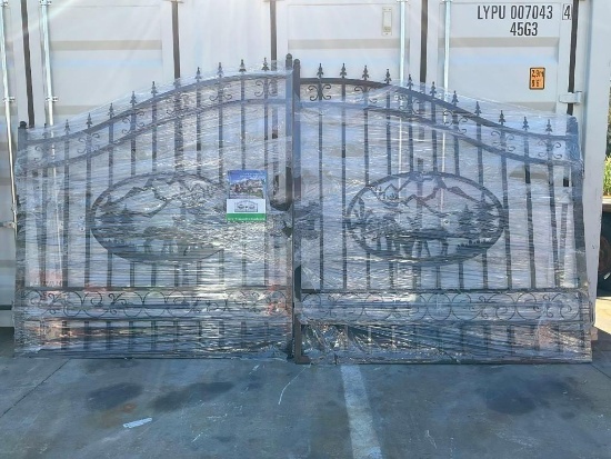 SET OF UNUSED GREAT BEAR 14FT BI PARTING WROUGHT IRON GATES, 7FT EACH PIECE (14' TOTAL WIDTH). 2 ...