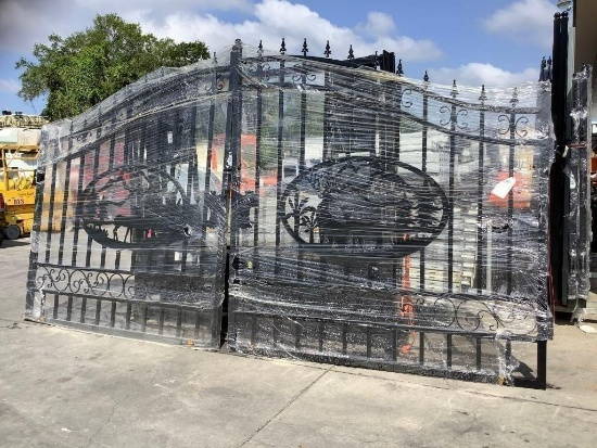 SET OF UNUSED GREAT BEAR 14FT BI PARTING WROUGHT IRON GATES, 7FT EACH PIECE (14' TOTAL WIDTH). 2 ...