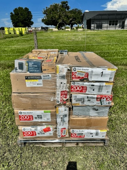 PALLET OF ELECTRICAL PANELS & BREAKER BOXES PLUS MORE MISC ELECTRICAL PARTS, UNKNOWN WORKING COND...