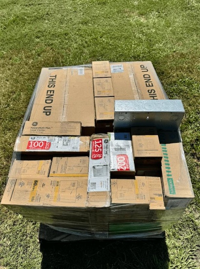 PALLET OF ELECTRICAL PANELS & BREAKER BOXES PLUS MORE MISC ELECTRICAL PARTS, UNKNOWN WORKING COND...