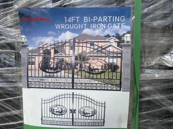 SET OF UNUSED GREAT BEAR 14FT BI PARTING WROUGHT IRON GATES, 7FT EACH PIECE (14' TOTAL WIDTH). 2