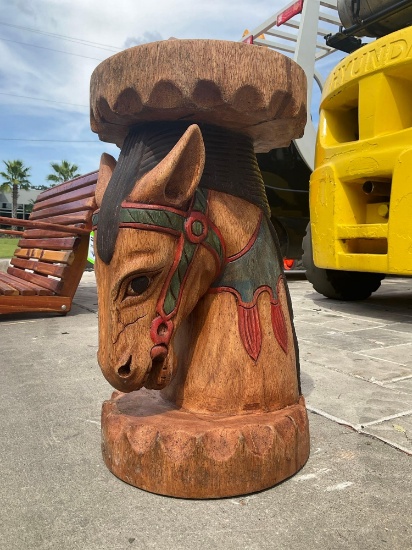 TEAK WOOD HORSE STOLL, APPROX 20in T...