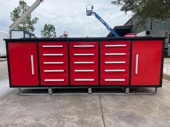 UNUSED STEELMAN WORK BENCH, APPROX 10FT, 15 DRAWERS,...2 CABINETS, KEYS TO LOCK, ANIT-SLIP MAT, T...