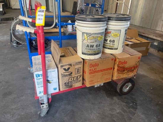 ROLLING DOLLY CART WITH HYDRAULIC PIL DRUMS, DEF, MOTOR OIL, ANTIFREEZE