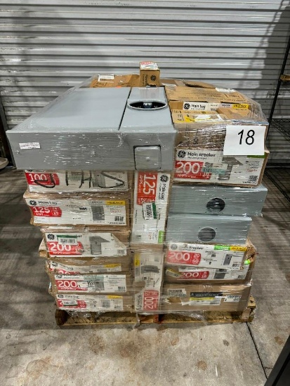 PALLET OF ELECTRICAL PANELS & BREAKER BOXES PLUS MORE MISC ELECTRICAL PARTS, UNKNOWN WORKING