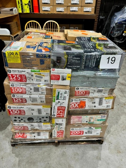 PALLET OF ELECTRICAL PANELS & BREAKER BOXES PLUS MORE MISC ELECTRICAL PARTS, UNKNOWN WORKING