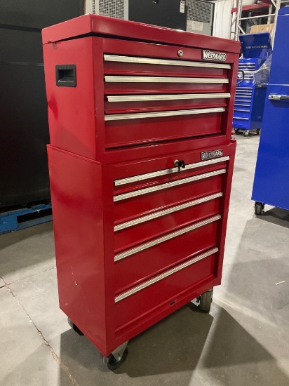 PROTO INDUSTRIAL PARTS CABINET / TOOL BOX ON WHEELS WITH CONTENTS , APPROX 30? W x 18? L x 47? T