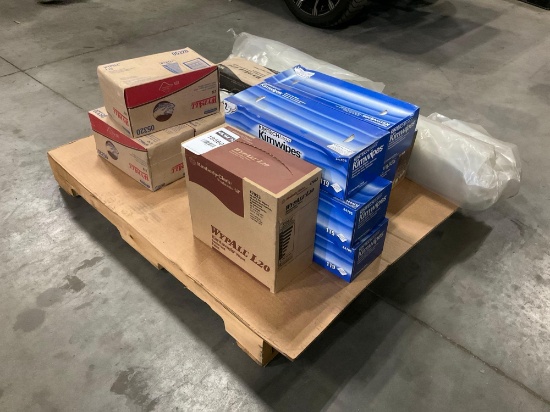 PALLET OF ASSORTED WIPES, ( 1 )... FIRE EXTINGUISHER & ( 1 ) 12 GAUGE ALERT LOCATE...MARINE KIT...