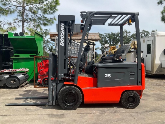 DOOSAN FORKLIFT MODEL B25S-5, ELECTRIC, APPROX MAX CAPACITY 4600LBS, MAX HEIGHT 189, TILT, SIDE S...