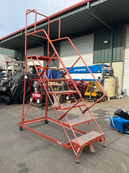 LOUISVILLE STEEL WAREHOUSE LADDER, NEEDS NEW WHEEL