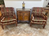 2 PLUSH ACCENT CHAIRS AND STONE SIDE TABLE.
