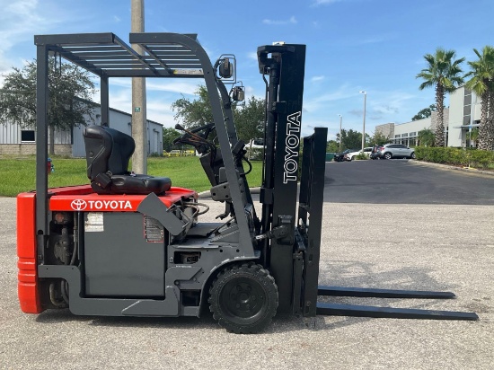 TOYOTA FORKLIFT MODEL 5FBE15, ELECTRIC, APPROX MAX CAPACITY 2800LBS, MAX HEIGHT 107in, TILT, SIDE...